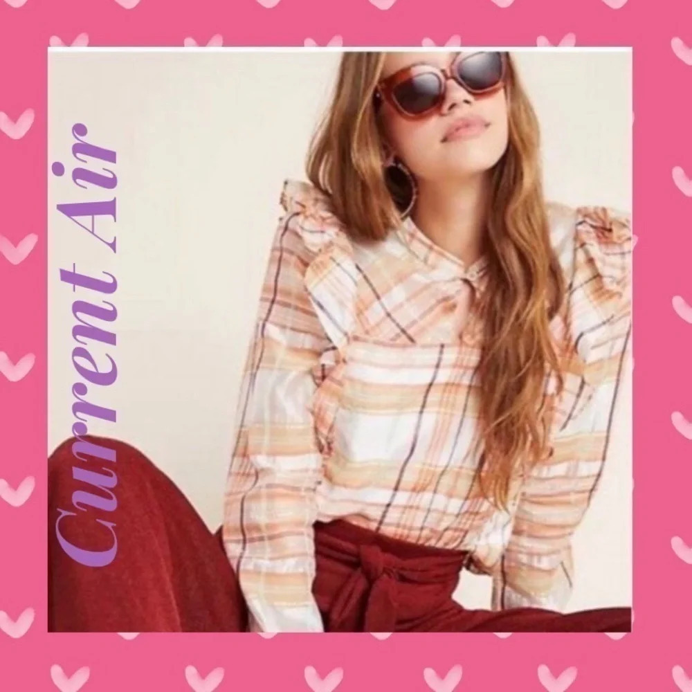 Anthropologie current air womens medium blouse shirt plaid cream pink sheer nwot